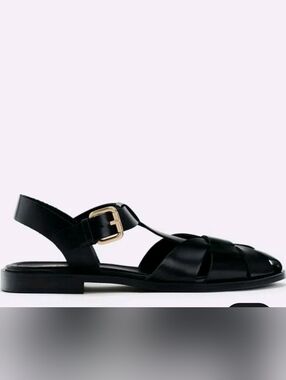 Zara Black Leather Fisherman Sandals with Gold Buckle
